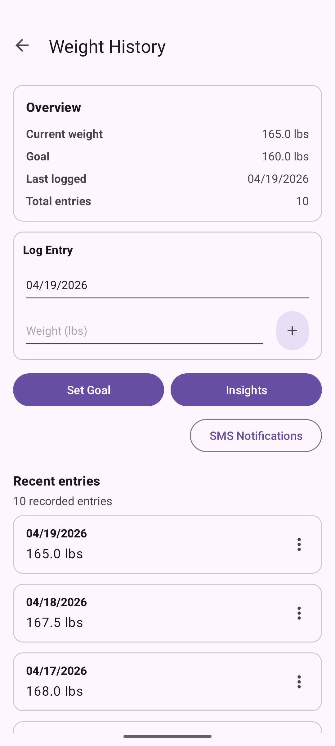 Main tracker screen in the enhanced application, card-based layout with stats summary and RecyclerView